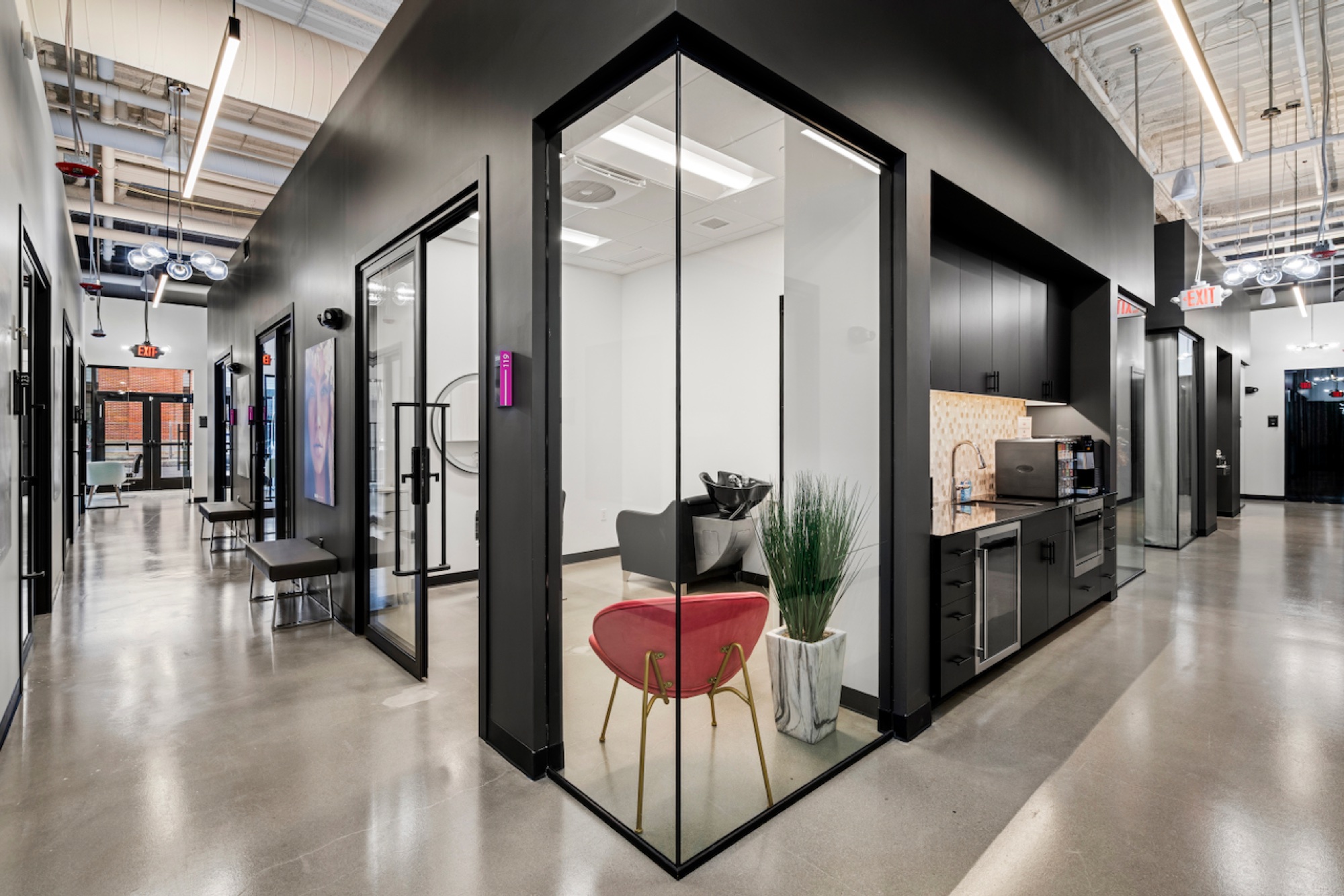 The hallway of suites at the Sharon studio
