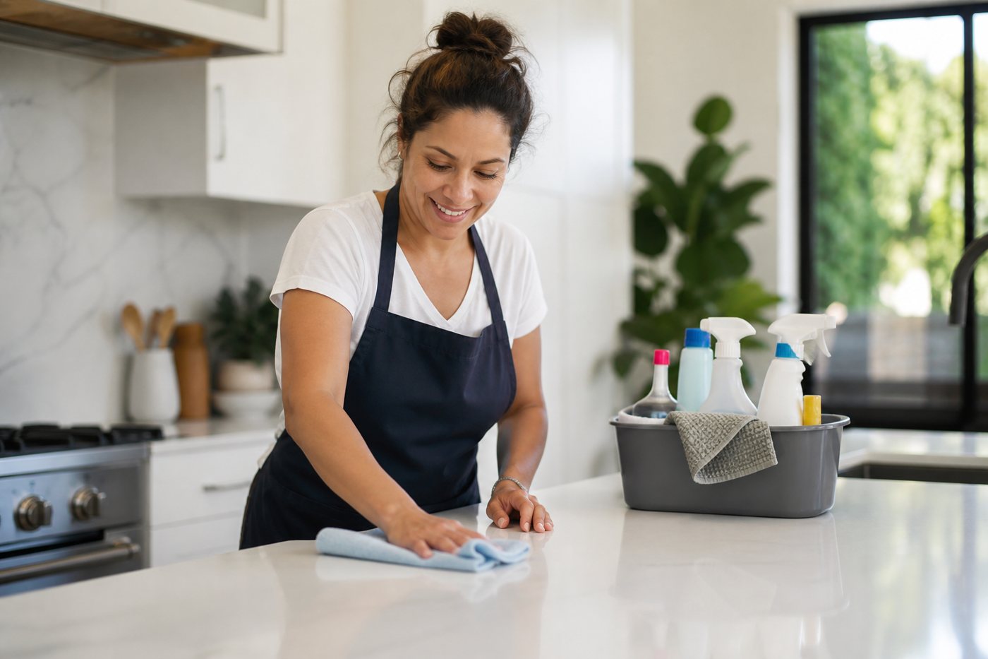 A house cleaner wiping down a kitchen island
