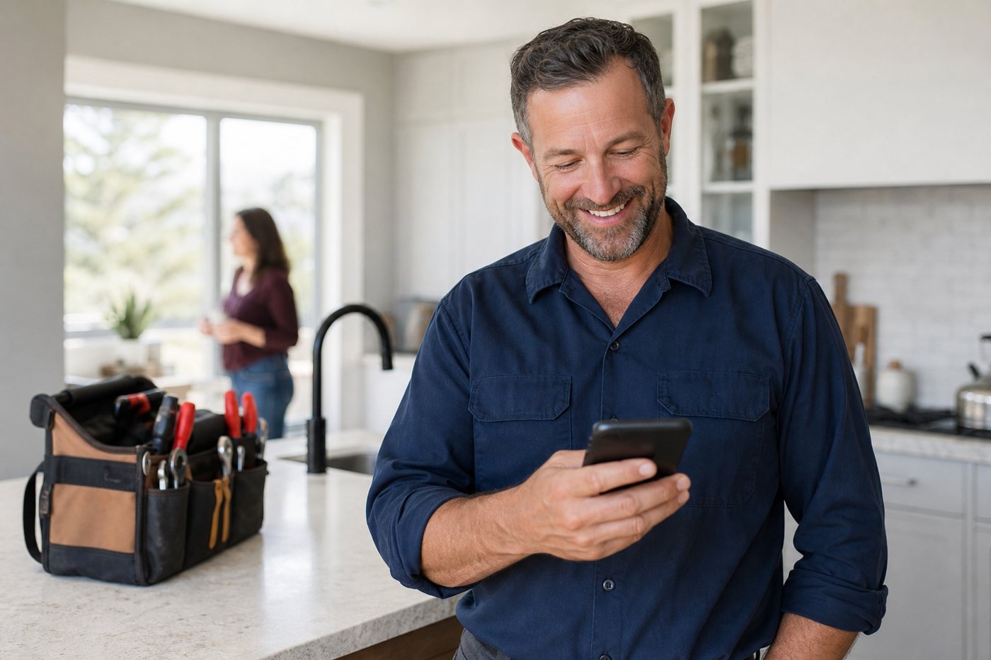 A plumber checking his phone in a customer's kitchen