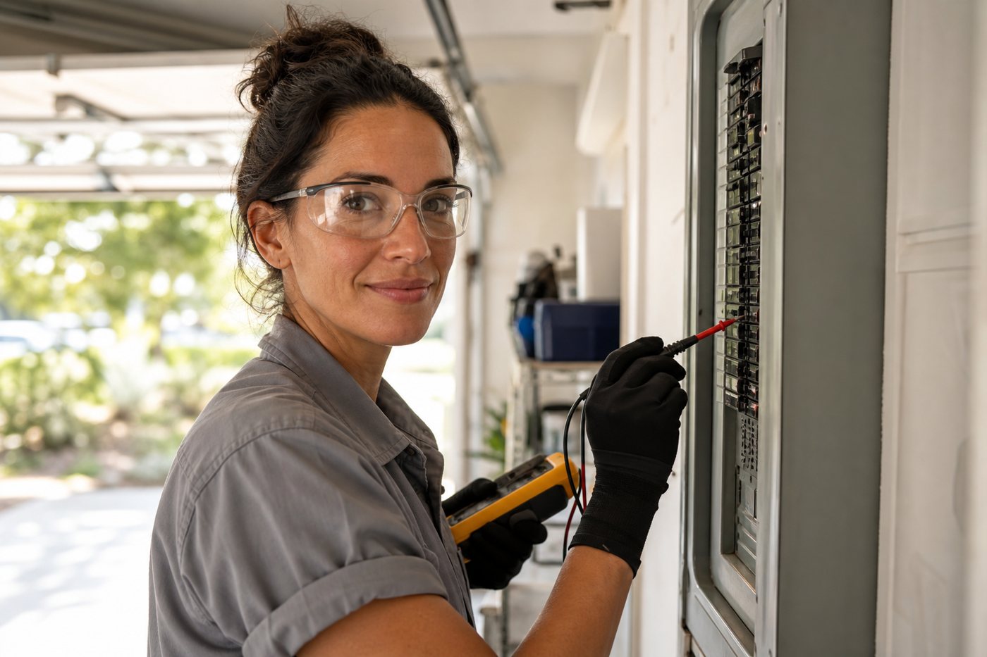 An electrician testing a breaker panel