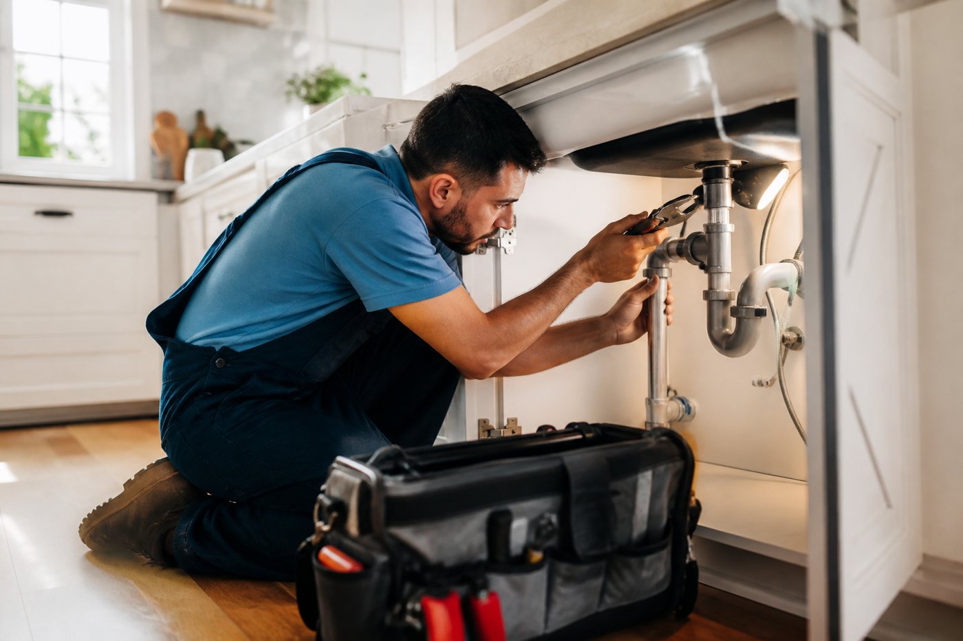 A plumber fixing the pipes under a kitchen sink
