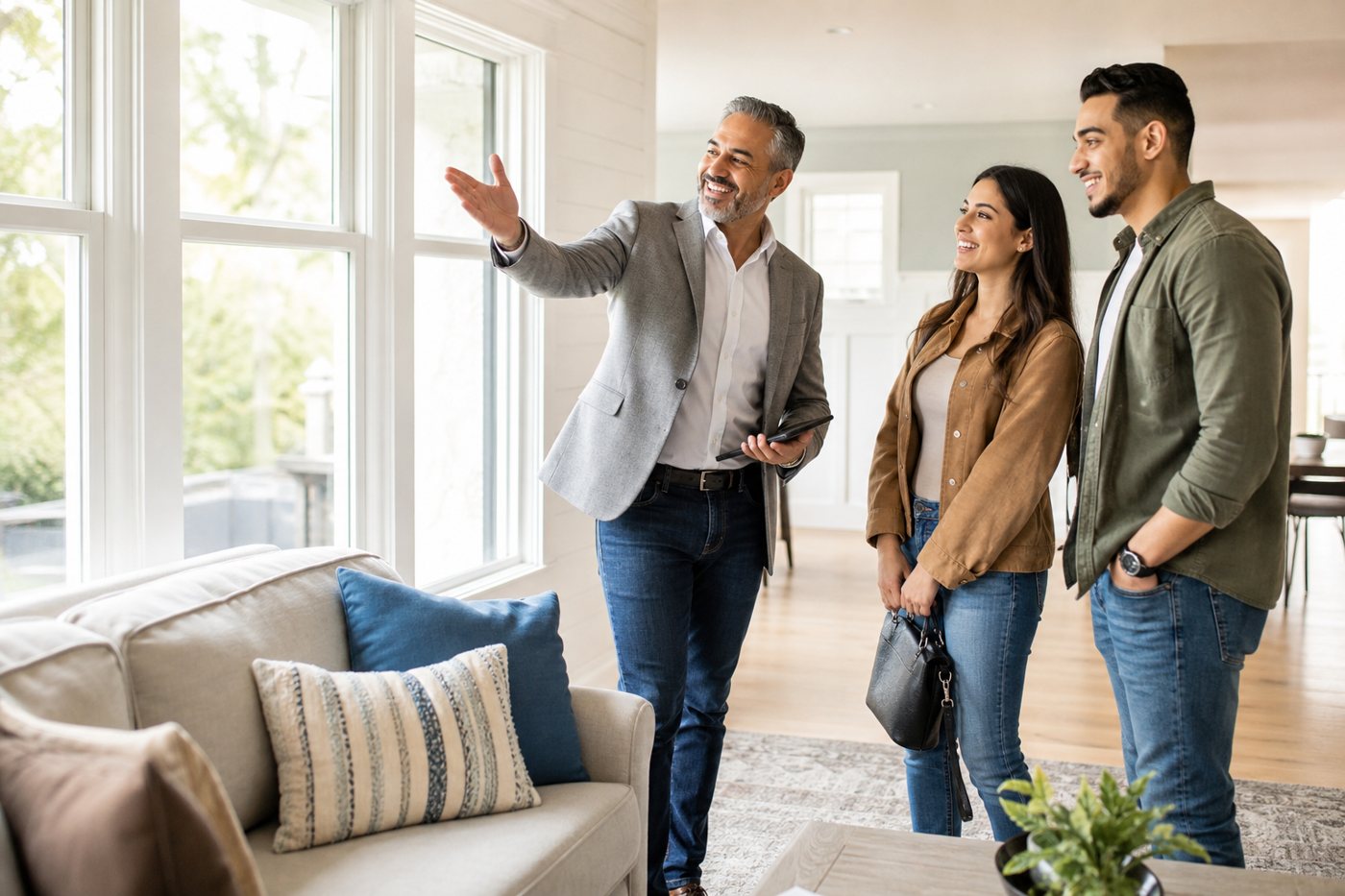 A realtor showing a couple around a sunlit living room