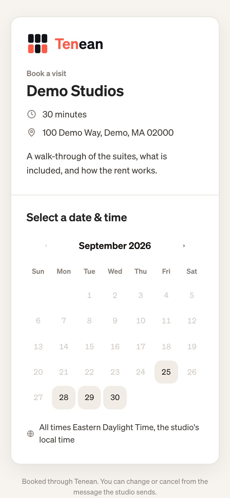 The booking page on a phone: pick a date and time for a visit