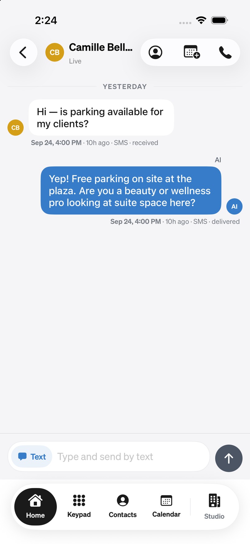 A lead's thread on an iPhone: their question, the assistant's reply, and the call, calendar and contact buttons