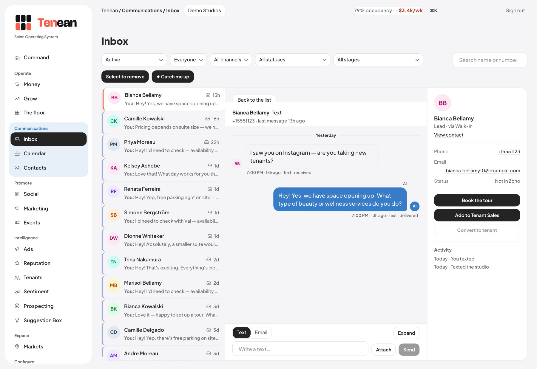 The inbox — a lead at 7:00 PM, answered at 7:00 PM and marked AI