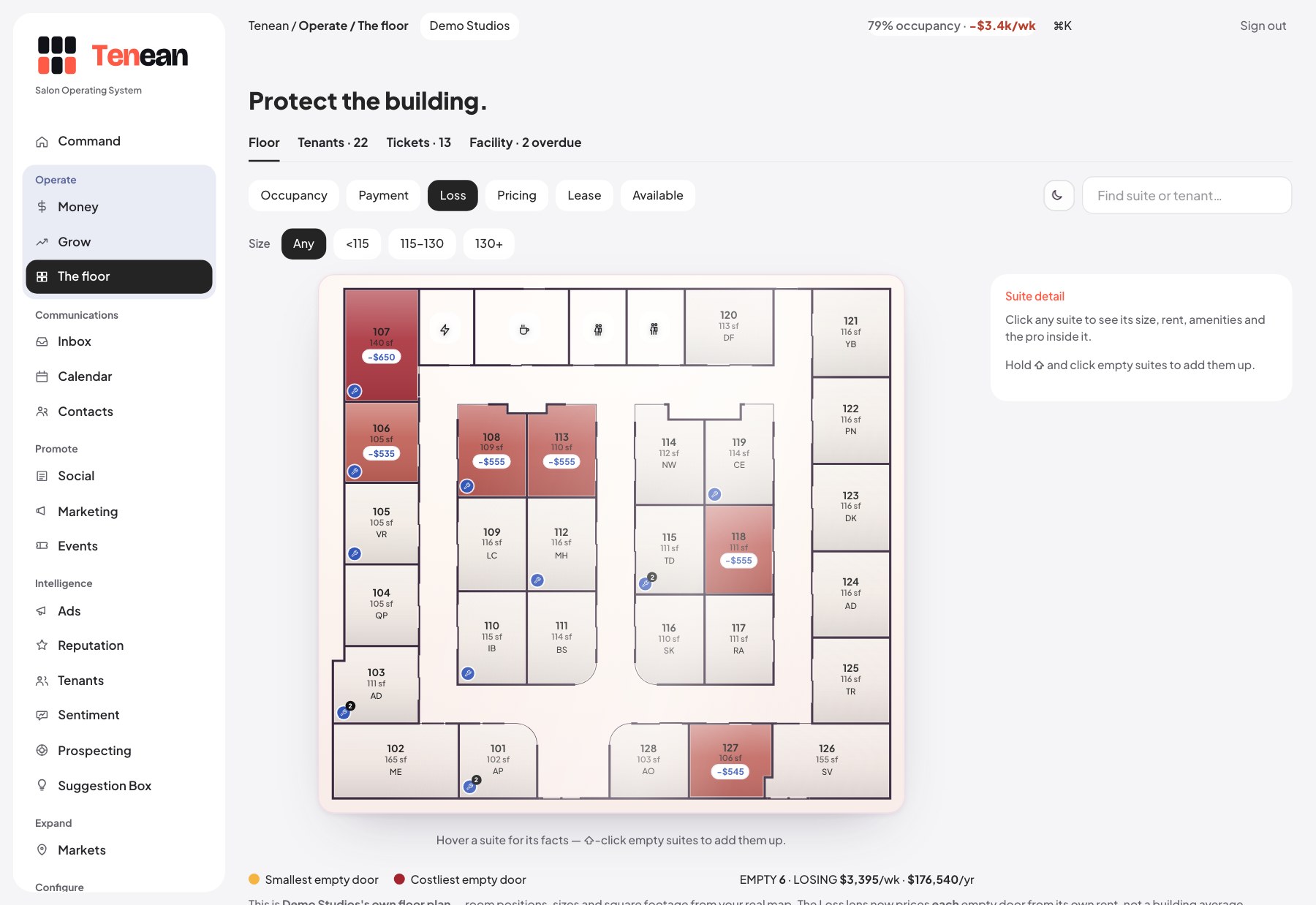 The floor plan on the loss lens — every empty suite priced by the week