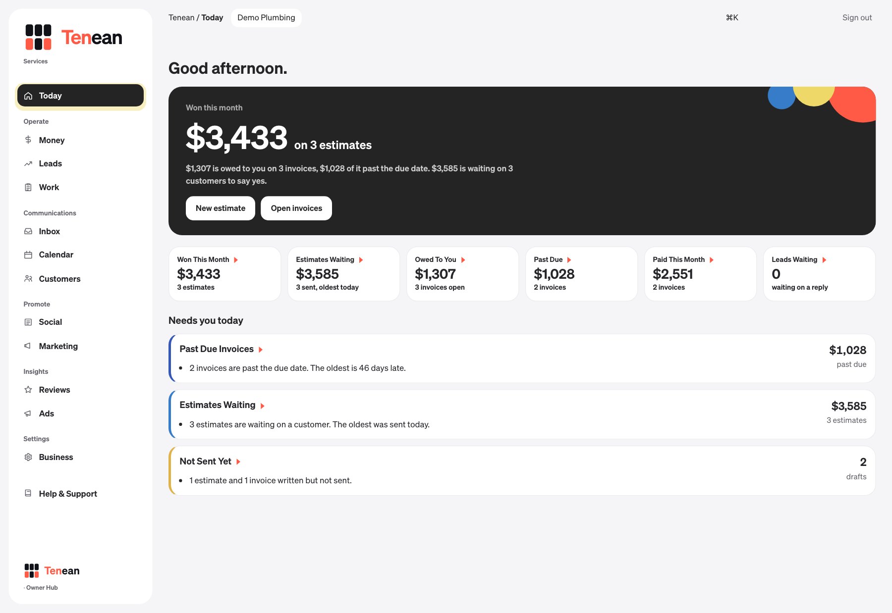 A plumbing business's Today: money won, estimates waiting, invoices past due